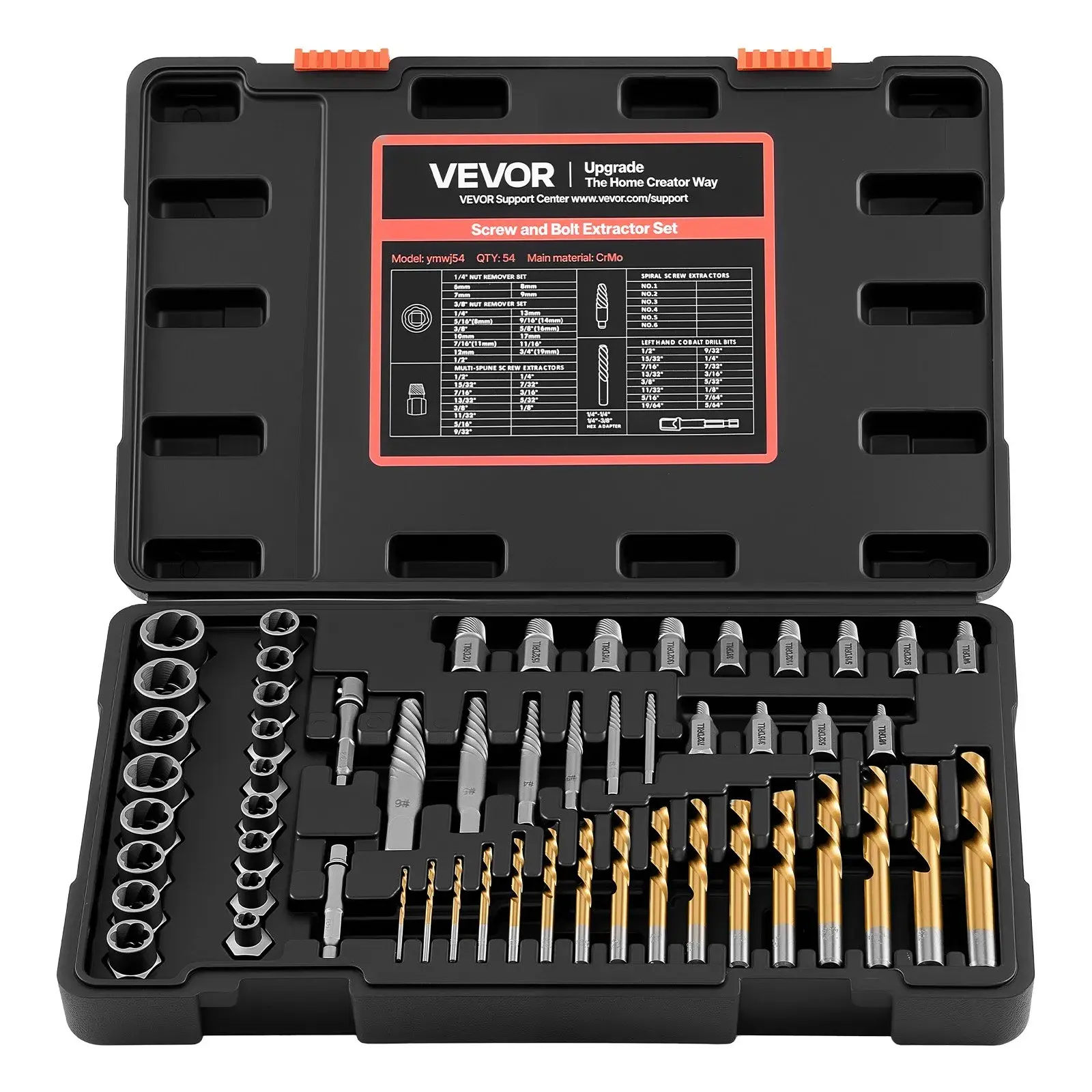 【Summerfinds】VEVOR Screw Extractor Set with Drill Bits 54 PiecesEasy Out Nut Bolt Extractors and Drill Bitswith AdaptersSolid Storage CaseCr-Mo Steel for Removing RoundedBrokenor Stripped Fasteners,father'sdaygifts