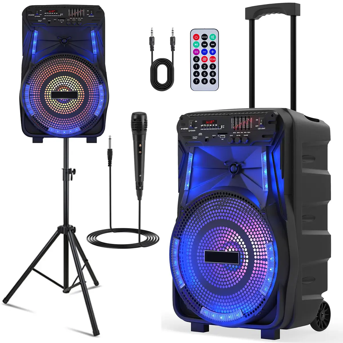 15 in Portable Bluetooth PA Audio Speaker, Rechargeable Loud Outdoor Stereo System with Tripod Stand, Microphone, LED Light, USB Cable for Electronic Devices, Remote,back to school,back to school haul