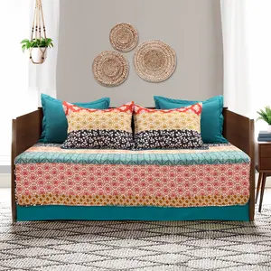 Lush Decor Bohemian Stripe Daybed Cover Set 6 Piece Set, 39" W x 75" L, Turquoise & Orange - Striped Bedding Set - Twin Quilt - Boho Decor