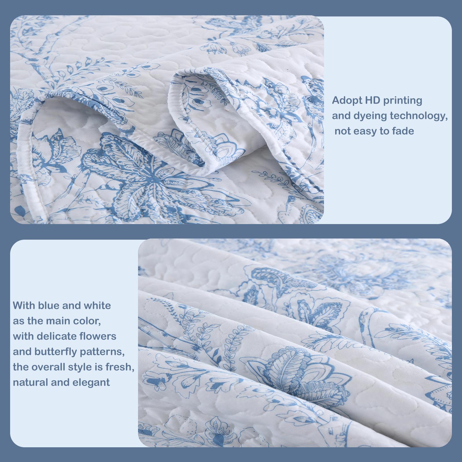 3-Piece Printed Floral Quilt Set in Blue & White Pattern king size quilt set Decorative Bedding Set Soft Bedding Sets Bedsheet Sets