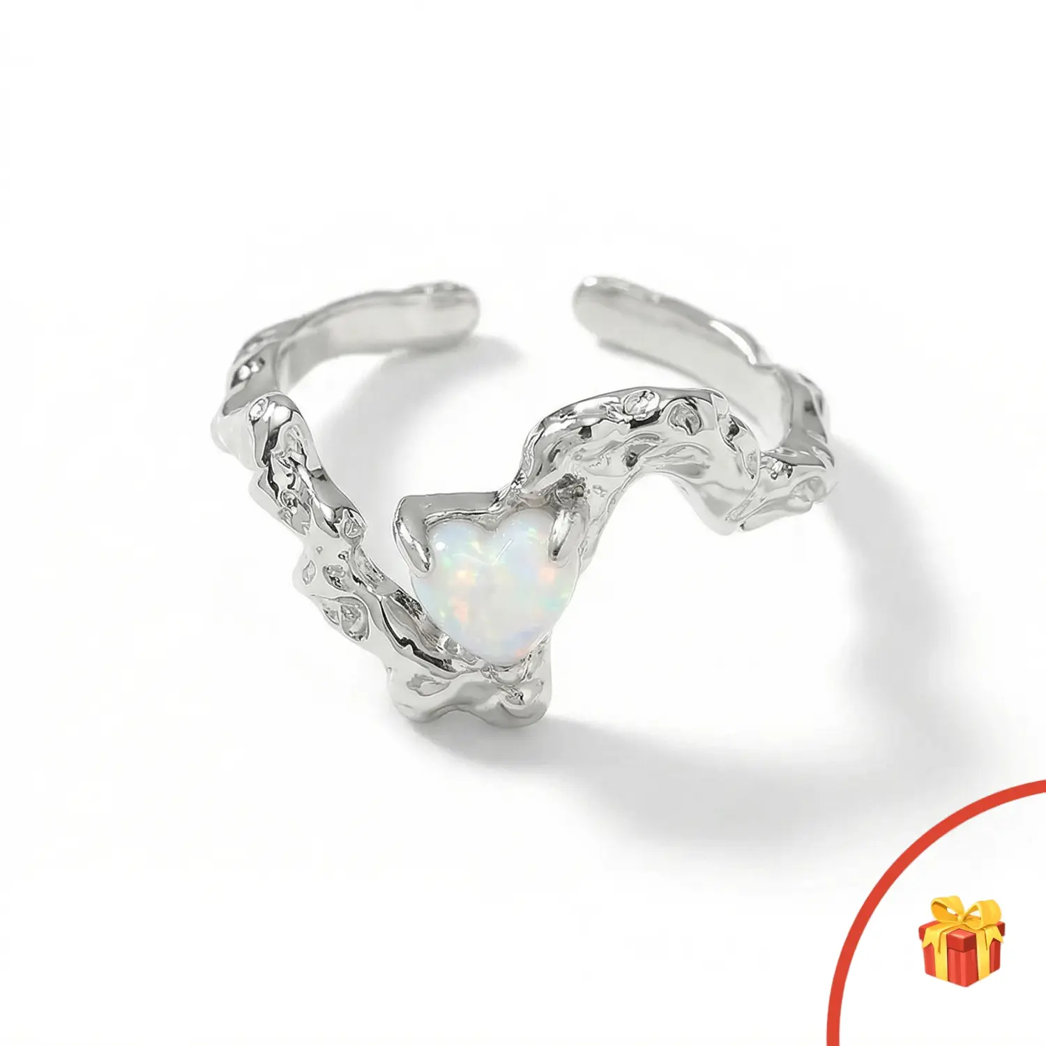 Melted Heart Signet Ring with Iridescent Opal for Women, Dainty Adjustable Open Band Costume Jewelry, Adjustable Rings, Everyday Wear, Opal Rings