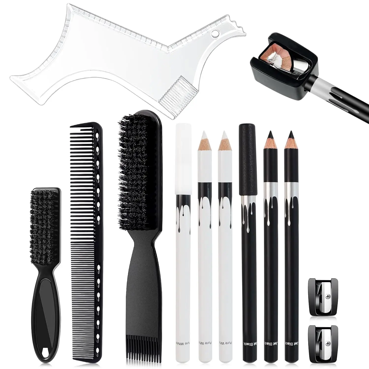 13Pcs Beard Shaper Tool Kit for Men Grooming, White Black Barber Pencil for Lineup Edging with Sharpener, Hairline Beard Guide Shaping Barber Comb Clipper Cleaning Brushes Hair Combs Set