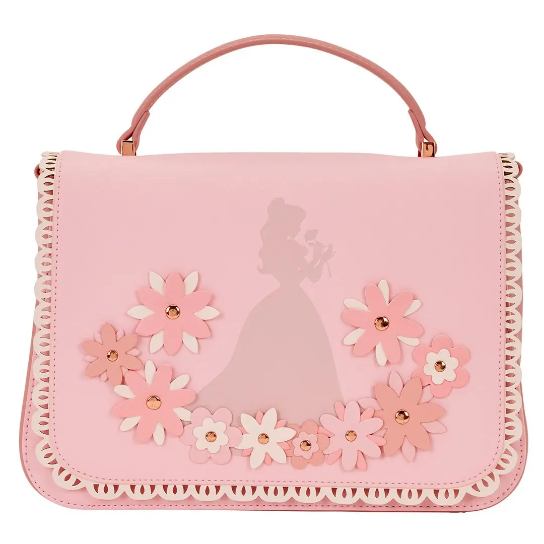 Loungefly Disney Women's Princess Belle Faux Leather Bow Floral Embossed Crossbody Bag - Lightweight, Graphic Design, Adjustable Strap, Basic Casual Style, Metal Rivets, Lace, Floral Embossed Handbag, Purses Crossbody Bag