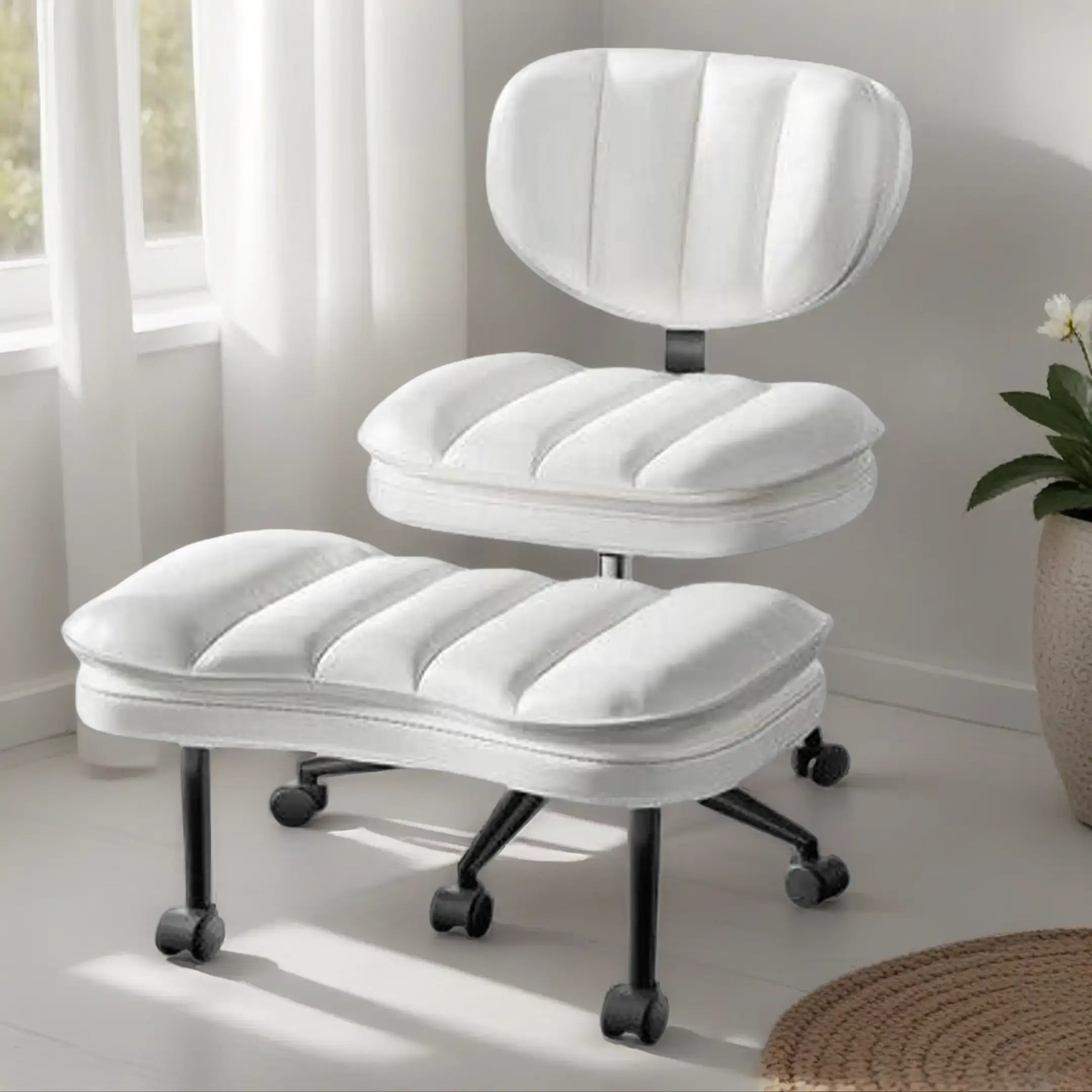Cross-Legged Office Chair with Cloud Seat Black/White Premium PU Leather Multiple Sitting Positions Leg-Friendly Design for Comfort Adjustable Swivel Stools, Summervibes backtoschool