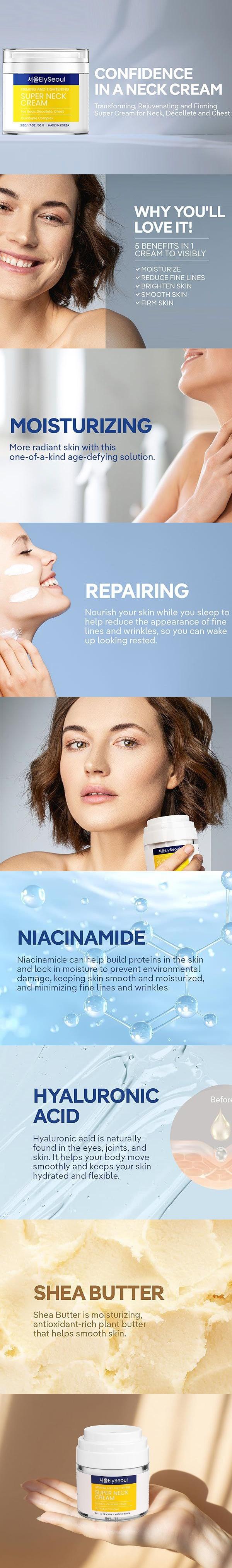 ElySeoul Korean Skin Care Neck Cream: Neck Firming Cream with Peptides, Niacinamide & Hyaluronic Acid for Firming, Toning, and Reducing Wrinkles
