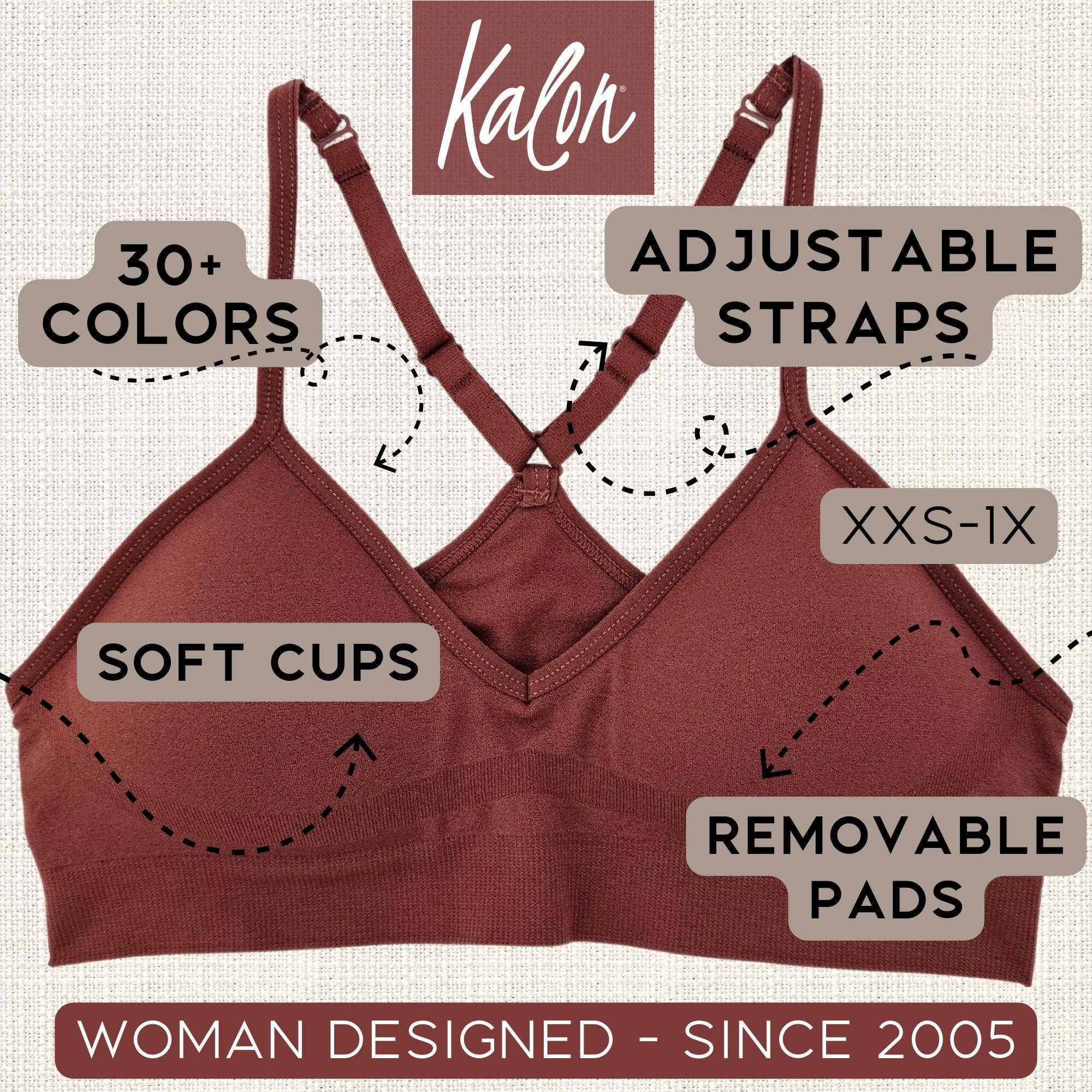 Kalon Women's 4-Pack Solid Racerback Sports Bralettes - Seamless V-Neck Nylon Spandex Wirefree Yoga Bra with Removable Pads, Comfy Fit for Everyday Basics (See Size Chart; Skin Tones, Bright Vibrant, Earth Tones)