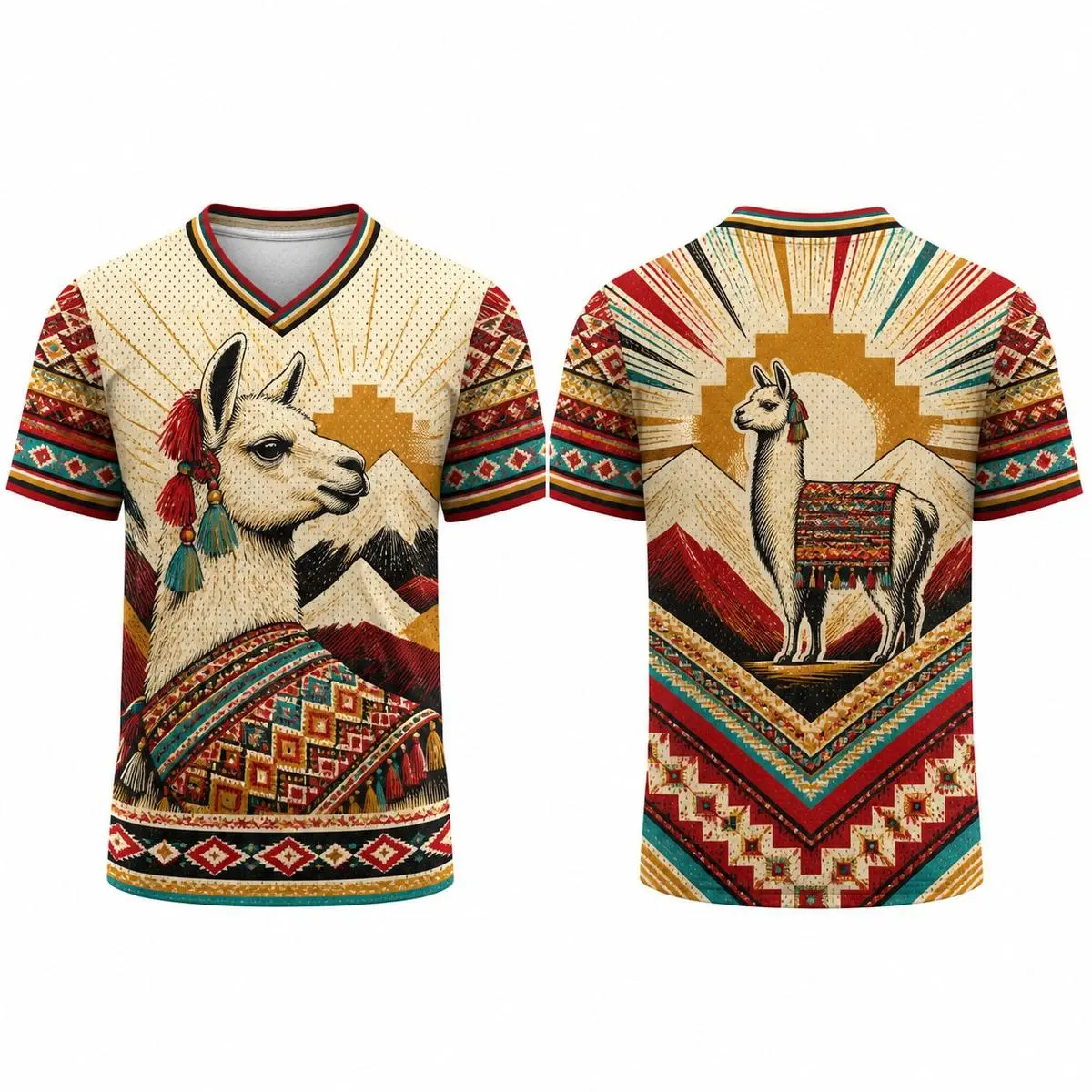 Hispanic Heritage Month Inspired Peruvian Alpaca V Neck Mesh Shirt, All Over Print Short Sleeve Athletic Jersey, Unisex Cultural Streetwear for Men and Women