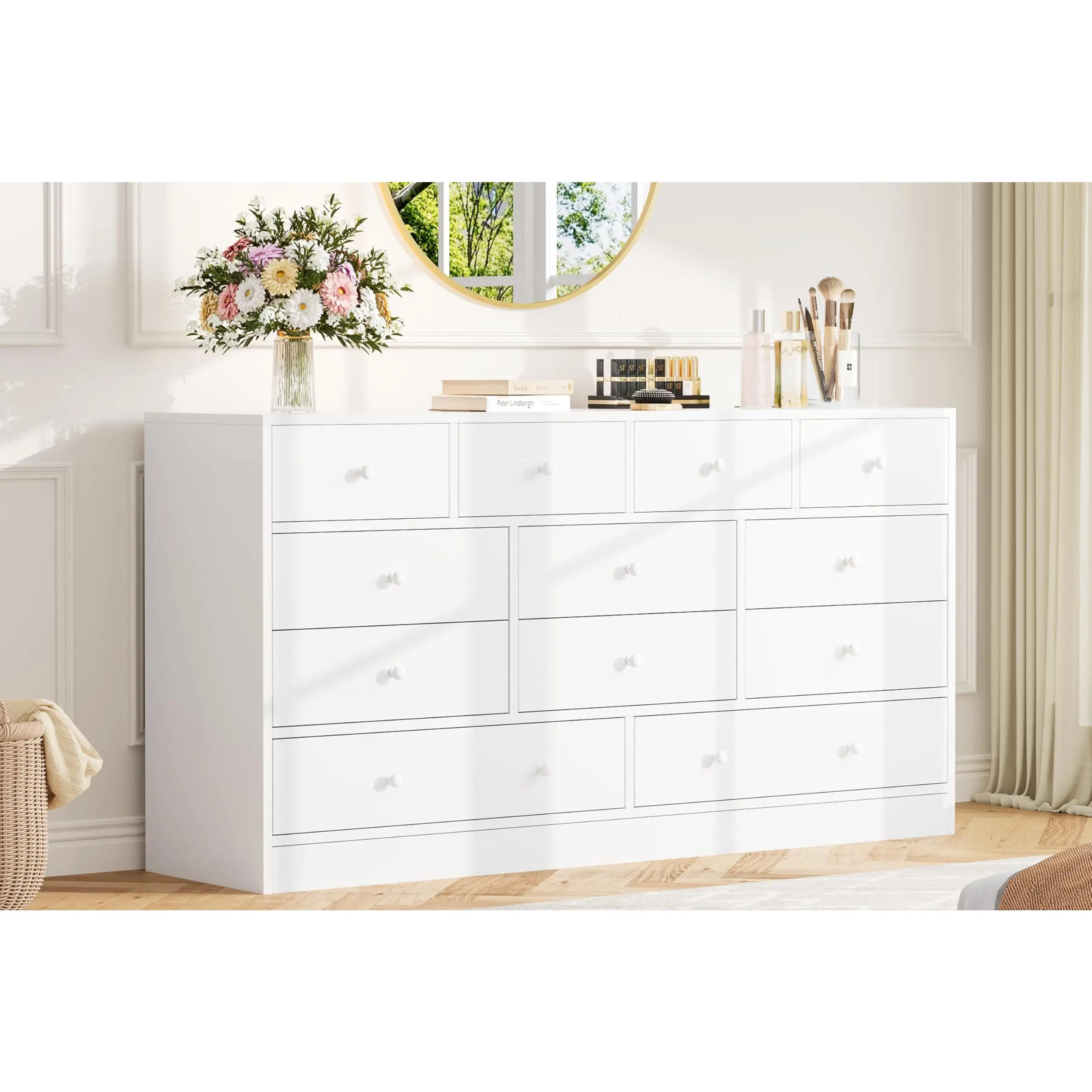 GARVEE Dresser for Bedroom,12 Drawer Dressers & Chests of Drawers, Wood Storage Drawer Dresser with Power Outlet, 61 Inch，White