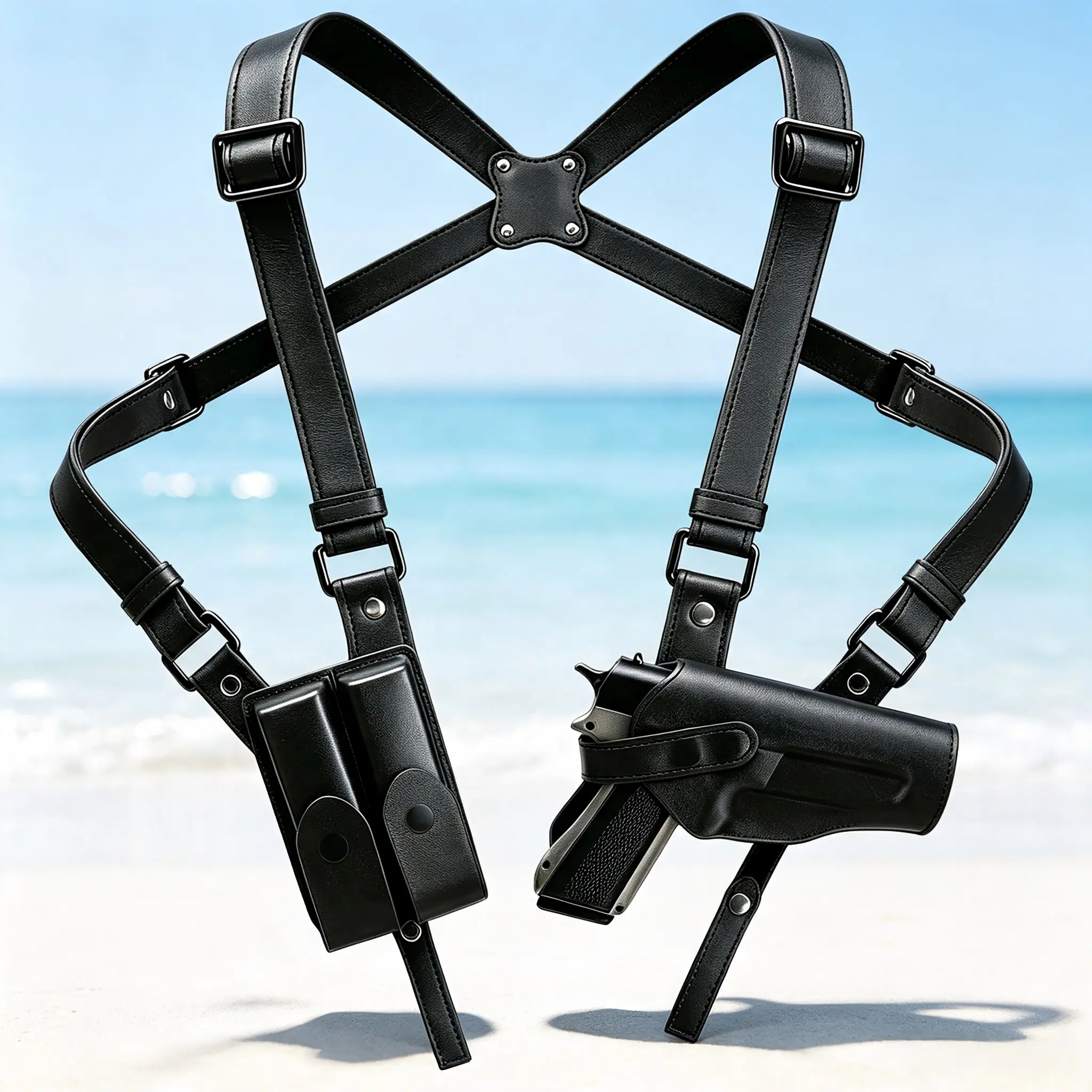 Unisex Premium Genuine Leather Vertical Shoulder Holster with Adjustable Straps, 2 Pockets, Concealed Carry Design, Tactical Accessories for Most Handguns
