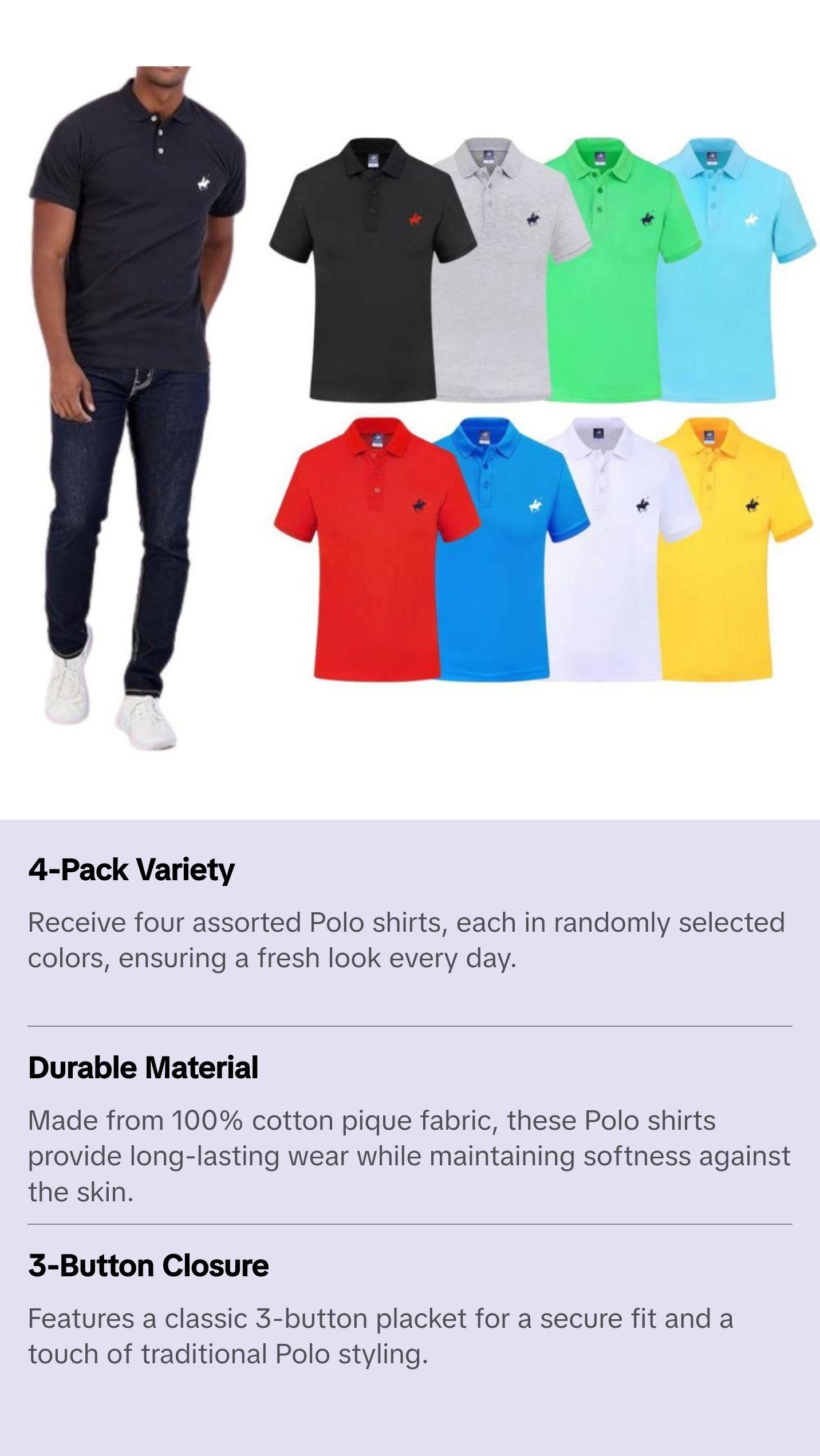 4-Pack: Men's Cotton Pique Short Sleeve Polo Shirts