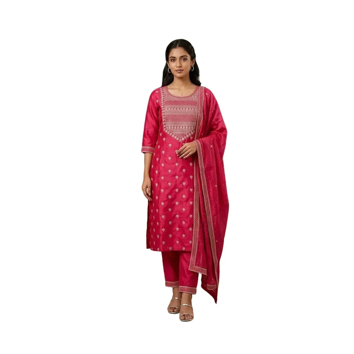 #3PS-20 Festive Fuchsia Silk Kurta Set with Silver Zari Embroidery | Wedding Guest Wear | Traditional Indian 3-Piece Outfit