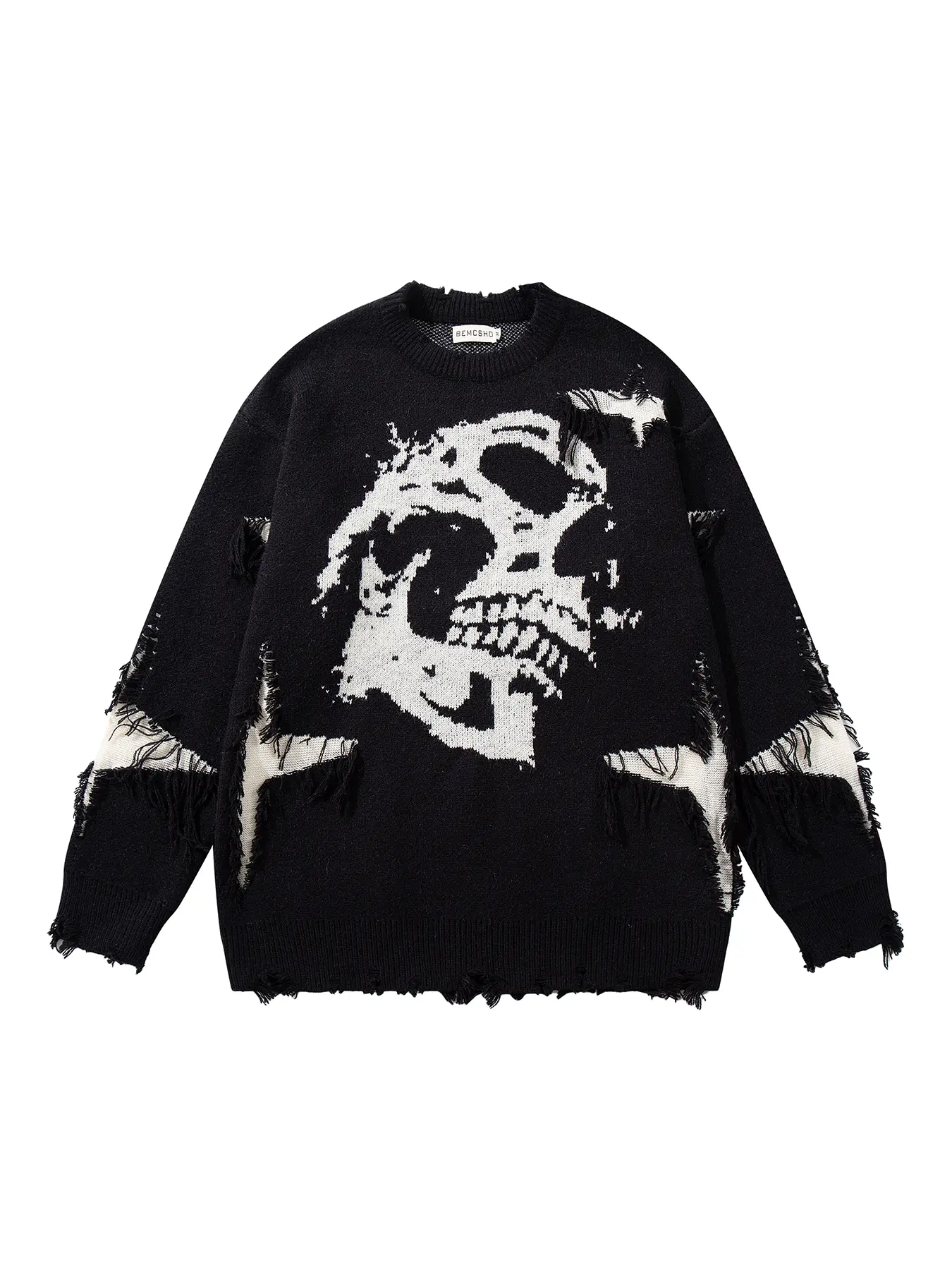 Men's Gothic Skull Star Patchwork Knitted Sweater, Casual Round Neck Knitwear for Fall & Winter, Fashionable Ripped Design, Trendy Street Style, Graphic Sweater