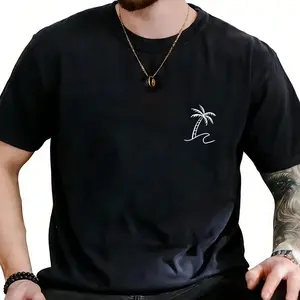 Minimalist Beach Themed T-shirt with Palm Tree and Wave Graphic, For Women, For Men [180G/ cotton short-sleeve