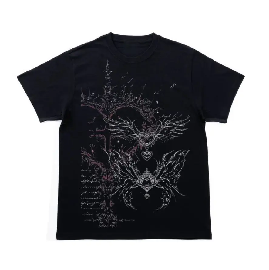 Gothic Winged Heart T-Shirt, Y2K Grunge Cyber Aesthetic Graphic Shirt, Vintage Dark Streetwear Tee, Crew Neck, Short Sleeve, Cotton, Gift for Alt Him Her, Men And Womenswear Top