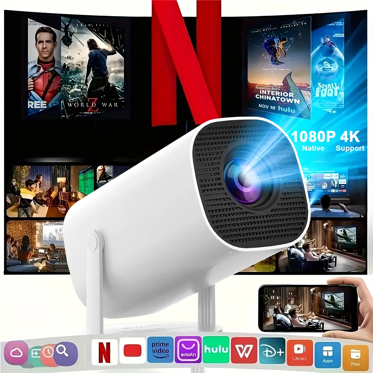 Mini Outdoor Projector 350ANSI 720P | WiFi6 Bluetooth 5.2 180" Screen | Portable for Camping & Backyard Movies | Fast Shipping