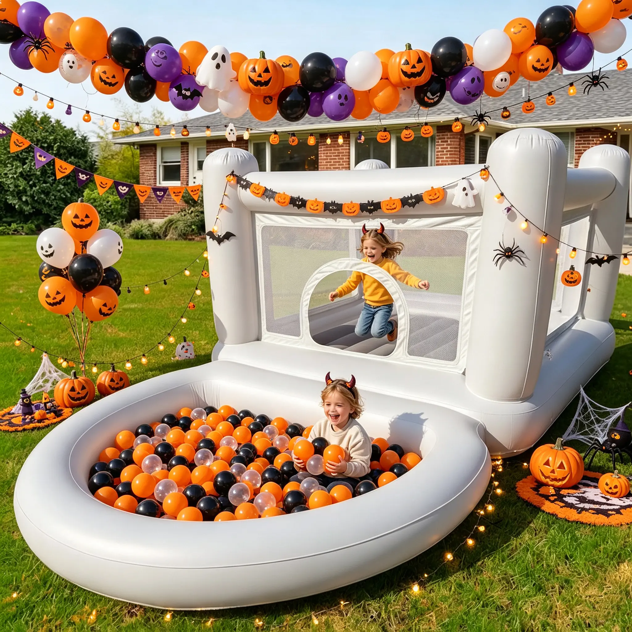 White Bounce House for 3-6 Years Old with Pump, Ball Pit, Waterproof   Soft Floor, Quick Set-Up & Take-Down, High Walls, Dry  Wet Play Options, Indoor-Outdoor Party Use, Bounce House Inflatables Bouncy Castles For kids  Brithday/Halloween Decorations, Pvc
