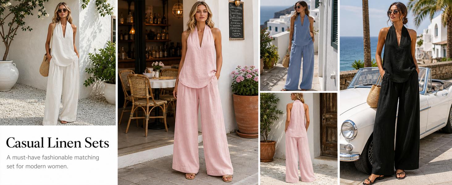 Tanming Women's 2-Piece Set, Soft Cotton Linen Halter Top & Wide-Leg Palazzo Pants with Pockets, Boho Summer Vacation Lounge Outfit for Cruises, Lightweight, Fabric, Women's Matching Sets, Clothes For Women