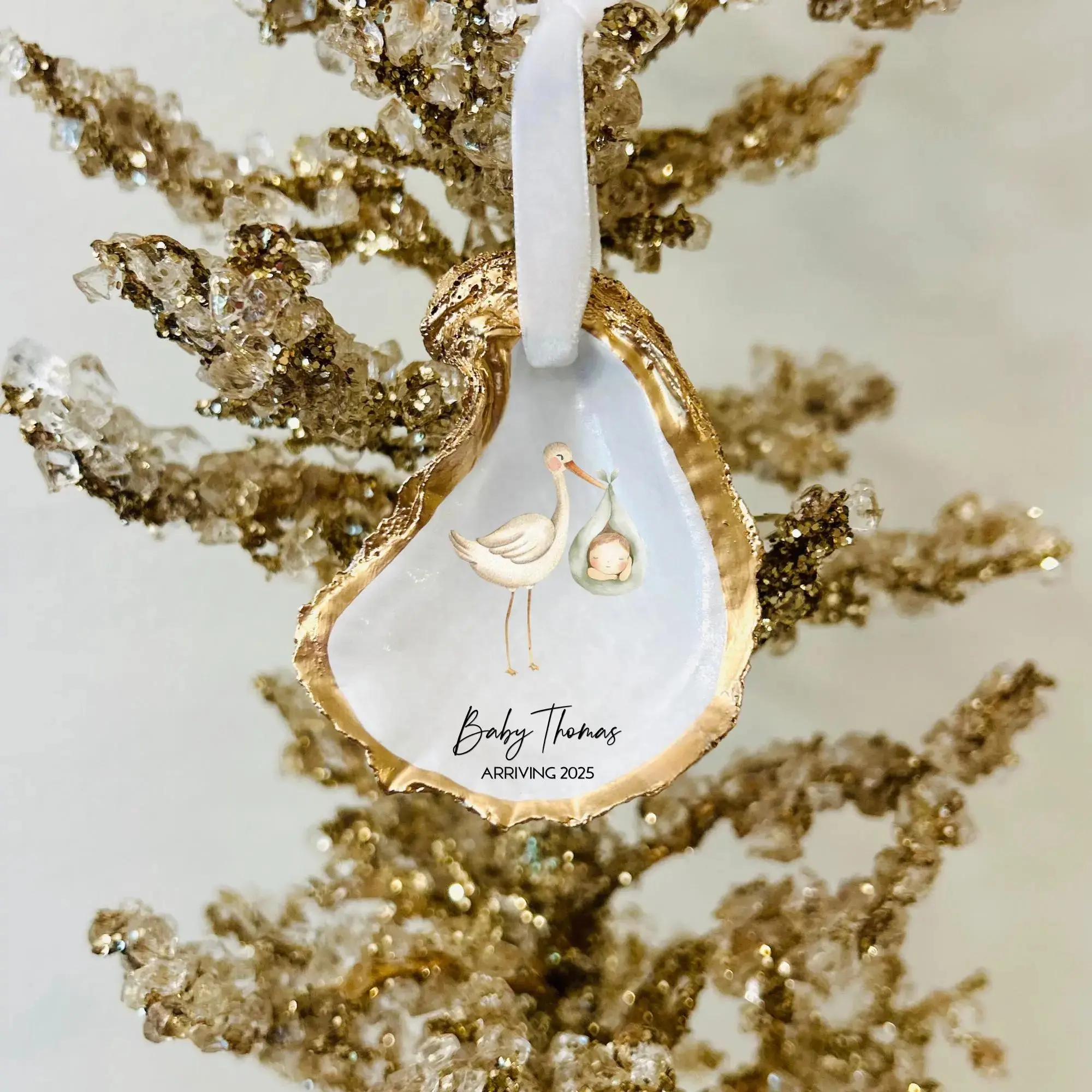 Light Green Baby Stork Announcement Ornament
