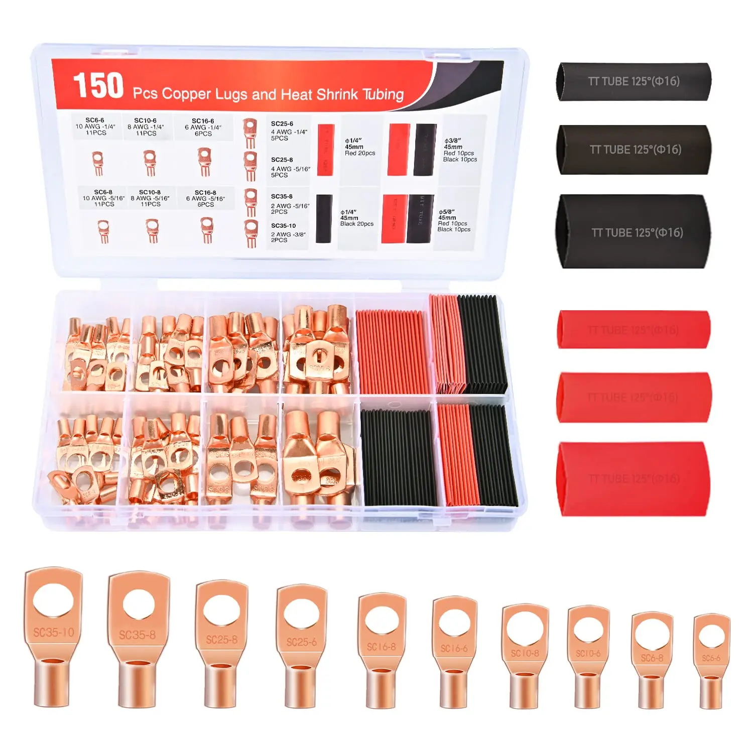 Nilight Durable Reliable Connectors Assorted Box (150PCS Kit) - 70PCS Pure Copper Wire Lugs, 80PCS 3:1 Heat Shrink Tubing, Multi-Sizes 2/4/6/8/10 AWG Heavy Duty Battery Terminal Crimp Connectors, 10 Types Round Studs, Golf Carts Use, Father's Day Gift