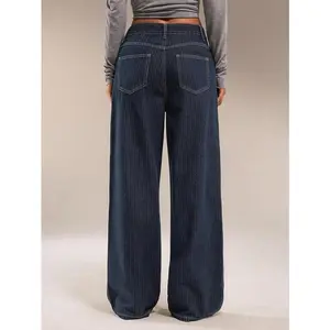 Winter Women's Straight Low Waist Jacquard Striped Washed Dark Denim Pants Autumn Winter Low Waist Loose Jeans