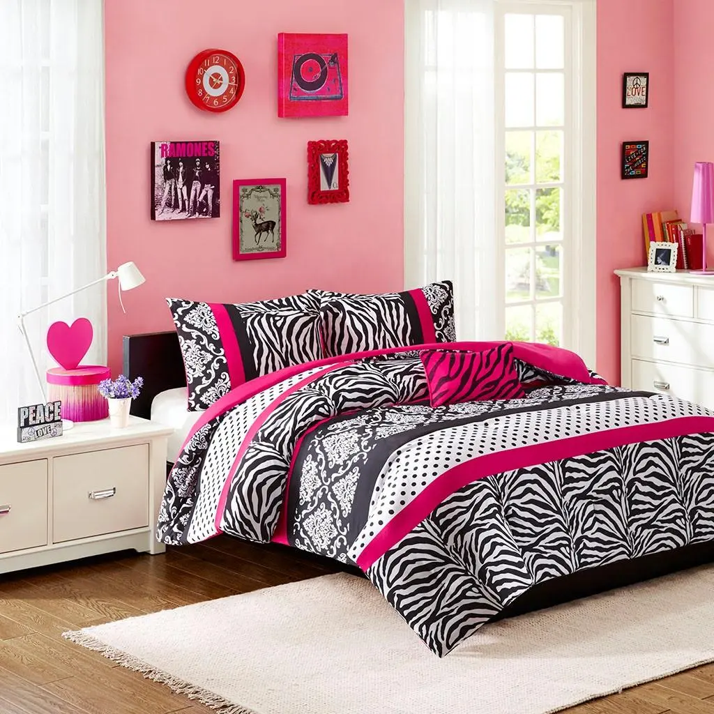 Zebra Pink Polka Dot Comforter Set with Matching Sham & Decorative Pillow - Modern All-Season Cozy Bedding Layer, Vibrant Home Goods for Girl Room, College Dorm & Aesthetic Room Decor, Girl Room Decor