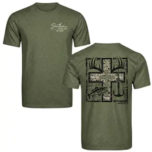 Southern Boy Co Cross Fishing Hunting T-Shirt, Vintage Camo Deer Bass Anchor Graphic Tee, Soft Cotton Blend, Unisex Fit for Men & Women, Perfect Gift for Southern Hunters, Anglers & Outdoor Pride Fans