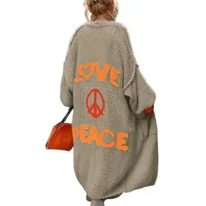 Letter Pattern Open Front Cardigan, Casual Drop Shoulder Long Sleeve Cardigan For Spring & Fall, Women's Clothing Fabric Knitwear Womenswear Polyester Tops Knitting Baggy Loose Orange-Red crochet tops