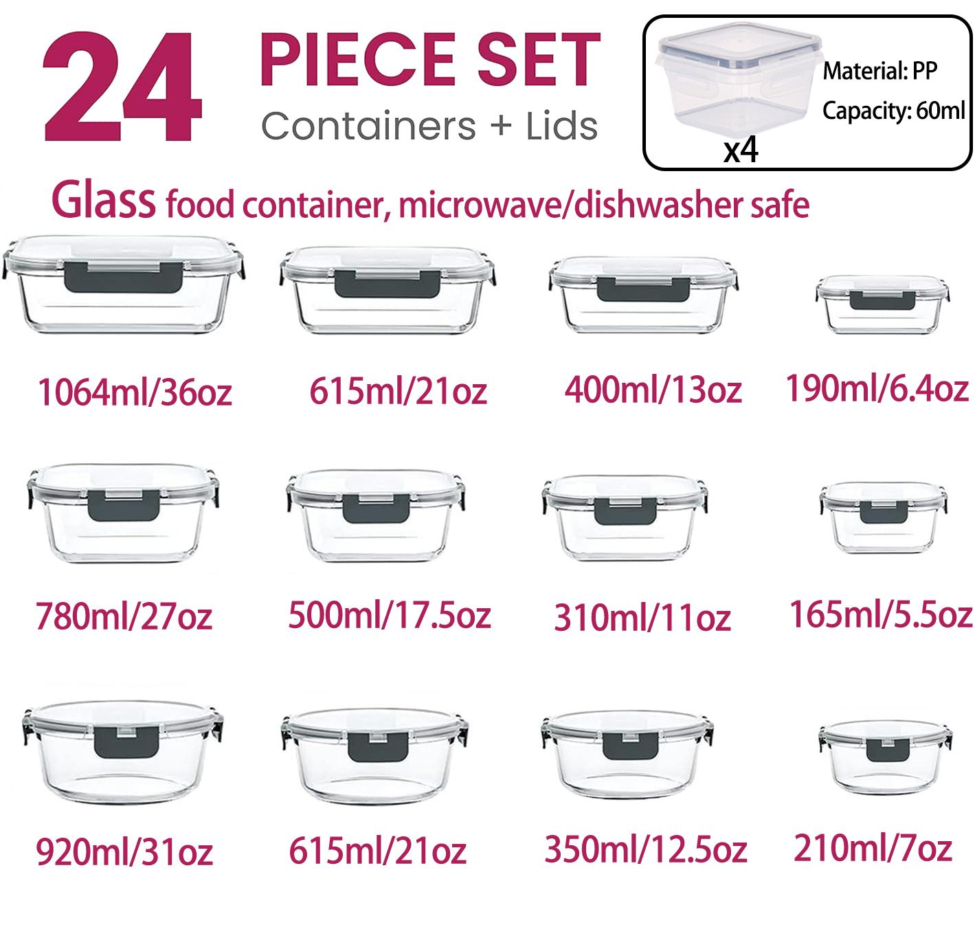 12Pack Airtight Glass Food Storage Containers with Lids,Microwave, and Dishwasher Kitchen Organizer, BPA-Free , Black/Gray Set Utensils