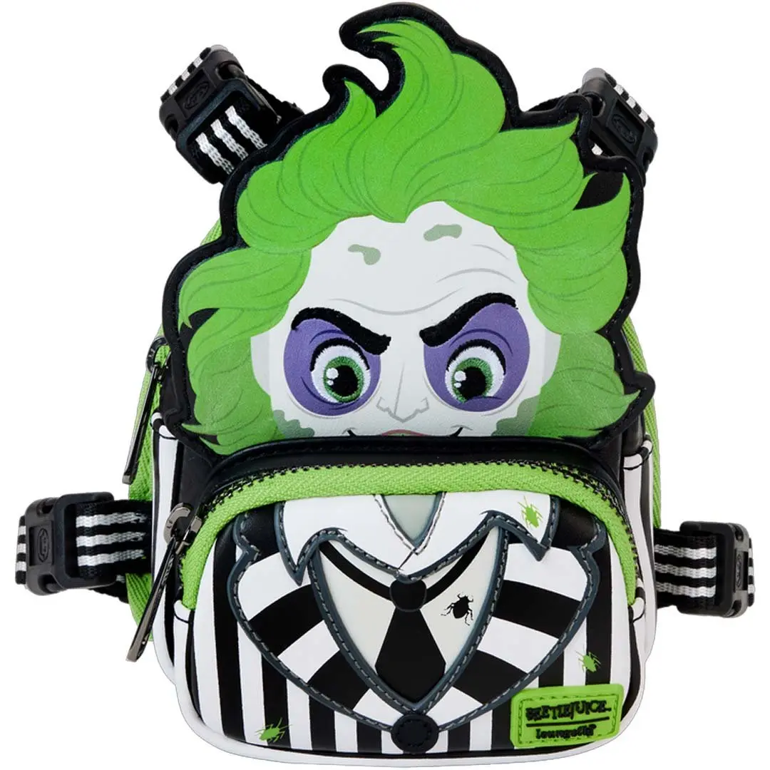 Loungefly Warner Brothers Beetlejuice Cosplay Striped Faux Leather Mesh Glow-in-the-Dark Dog Walking Harness with Harness Straps, Pet Supply Accessory