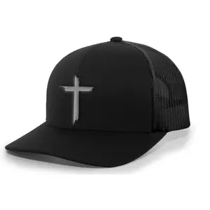 Mens Christian Hat Brush Cross Embroidered Mesh Back Trucker Hat