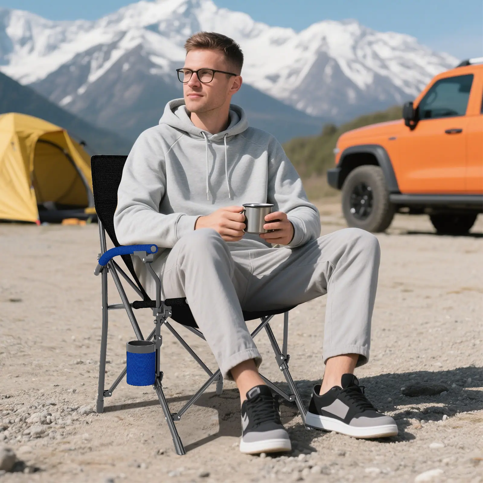 COSTWAY - Portable Folding Oxford Cloth Camping Chair with Cup Holder and Side Pocket-Navy