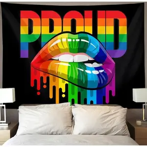 Tapestry LGBTQ Proud Party Tapestry Wall Hanging LGBT Pride Lips Black Tapestries For Lesbian Gay Bisexual Transgender Art, Large Rainbow Flag Poster Home Decor Accessorie For Bedroom Living Room Dorm