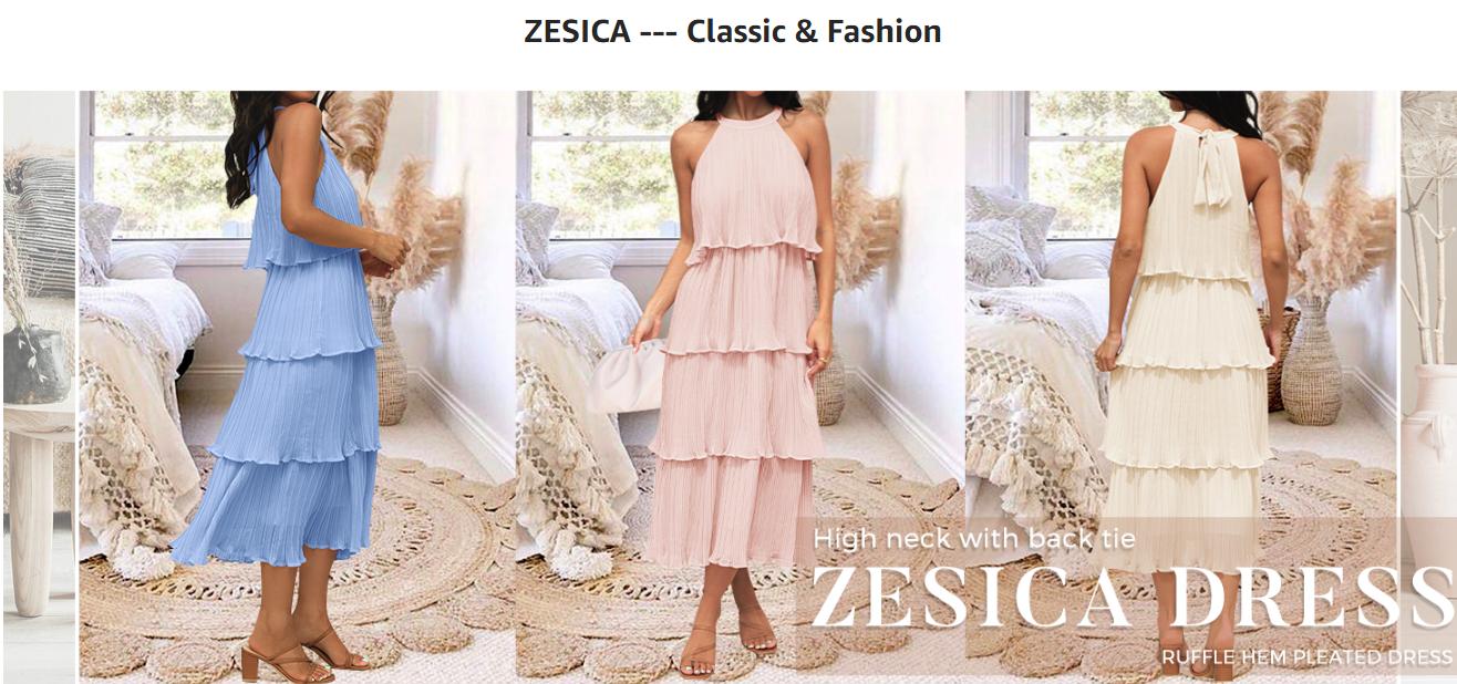 ZESICA Women's 2025 Summer Sleeveless Halter Neck Ruffle Tiered Layed Chiffon Flowy Swing Long Midi Dress