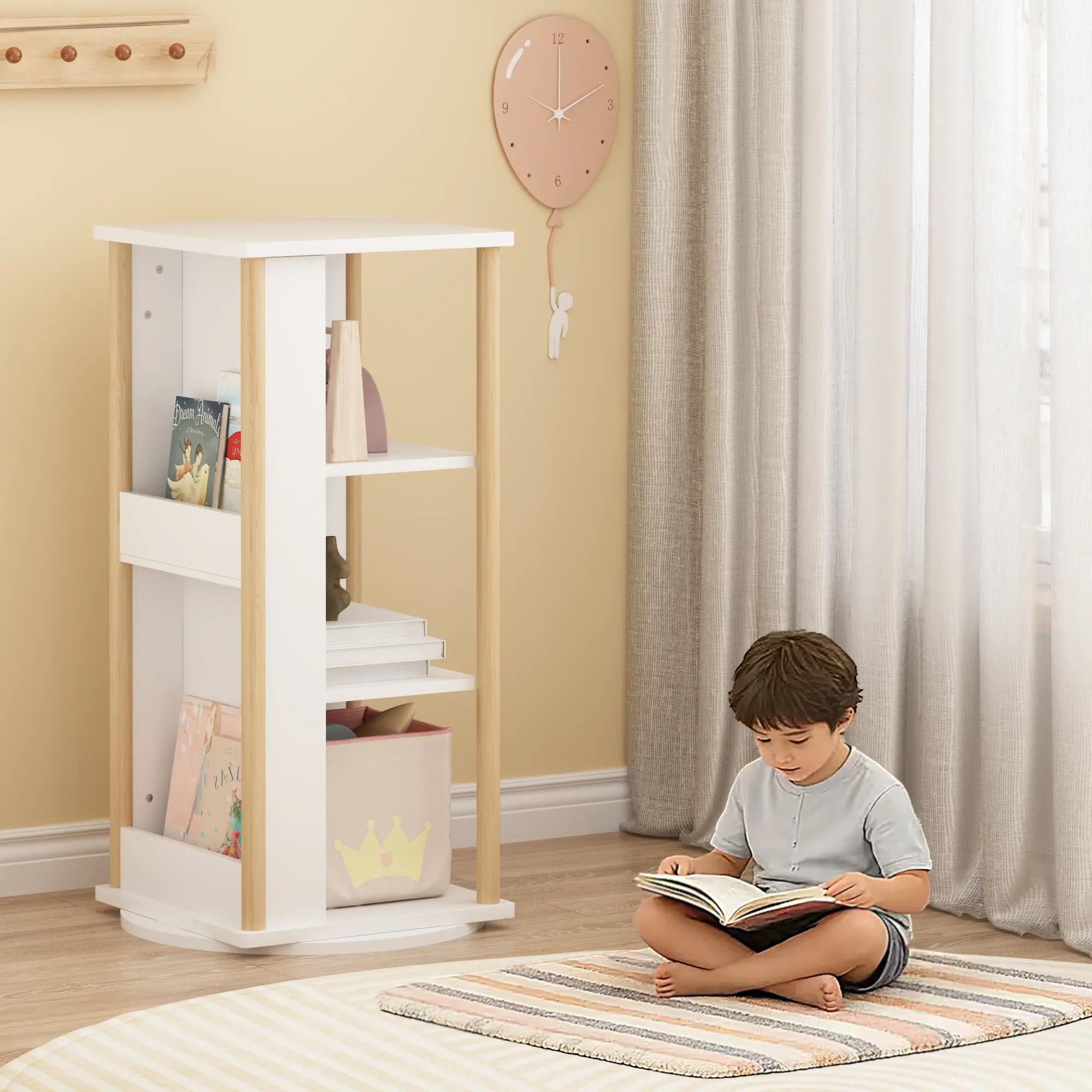 360° Rotating Kids Bookshelf with Chalkboard, 3-Tier Wood Floor Revolving Bookcase & Toy Storage Organizer for Small Space, Study, Office, Picture Book Display Stand for Toddlers, Nursery & Playroom, White and Natural