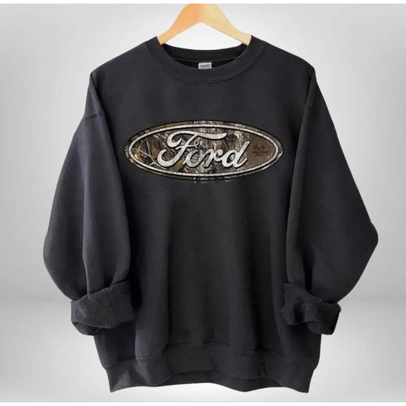 Unisex Soft Cotton Round Neck Camo Ford Logo Sweatshirt - Vintage Ford Truck Pullover, Classic Car Lover Gift, Retro Mechanic T-Shirt, Father's Day Gift Idea, Summer Graphic Crewneck 6, Garments, Menswear, Casual, Tee, Party, Chic, Short Sleeve