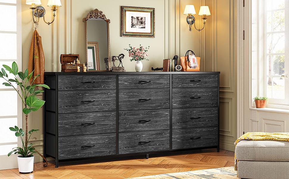 RaybeeFuniture 55" Long Dresser for Bedroom with 12 Fabric Drawers, Entertainment Center for 60 inch TV Dressers & Chests of Drawers, Large Storage Organizer for Closet, Living Room, Metal Frame, Wood Top