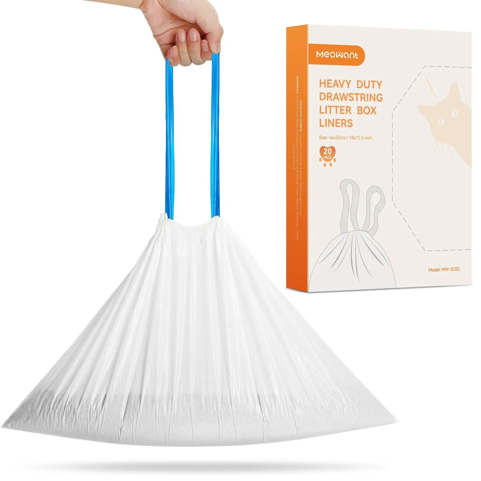 Meowant Double Drawstring Leakproof Stink Control Litter Box Liners - Thick Plastic Receptacles, 1 Pack of 20pcs, 10 kg, 18x12.6 Inch/46x32 cm, Compatible with SC01/SC02/SC09 Automatic Litter Boxes for Pet Owners,back to school