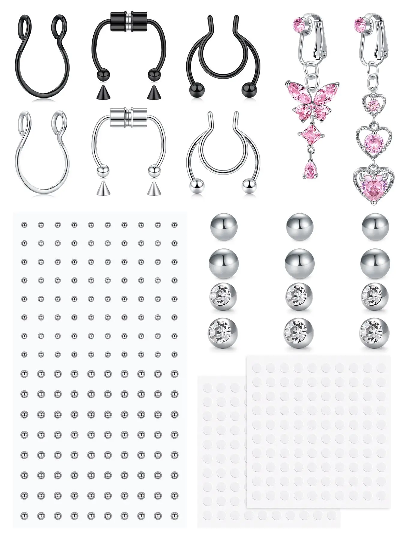 Fake Body Piercings Set, Party Style Heart Design, Stainless Steel Material, All Season Wear, Perfect for Halloween & Daily Use, Body Piercing Jewelry, Body Jewellery