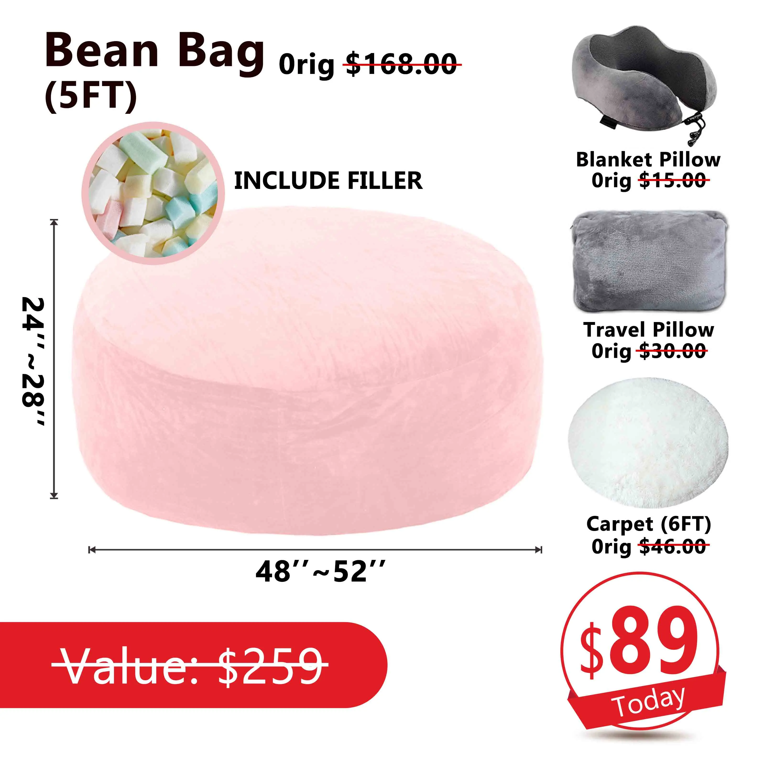 5FT Pink(Include Filler Upillow Blanket Carpet)