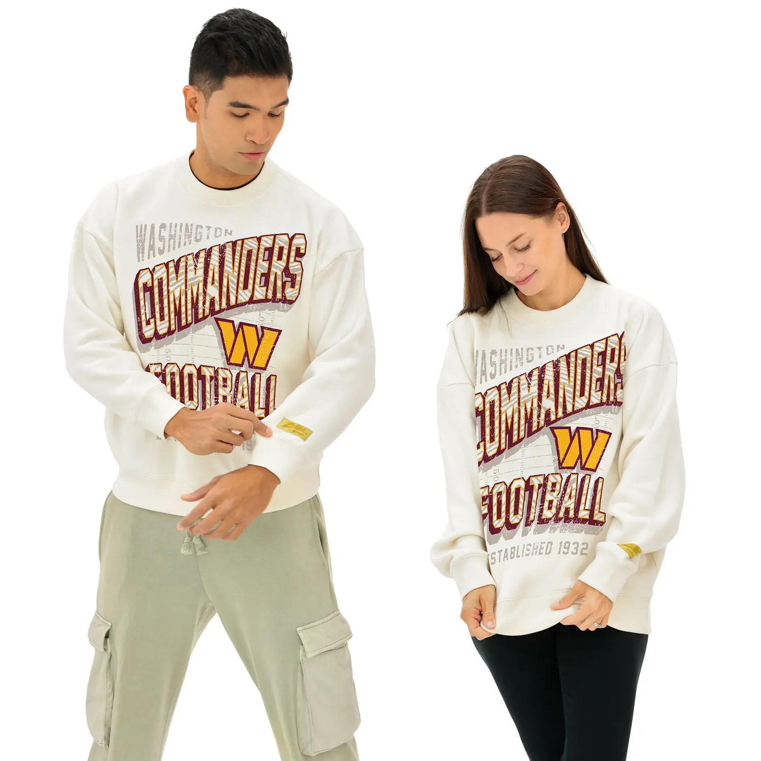 Zubaz NFL  UNISEX 90s Vintage First Down Drop Shoulder Crewneck- Off White, WASHINGTON COMMANDERS