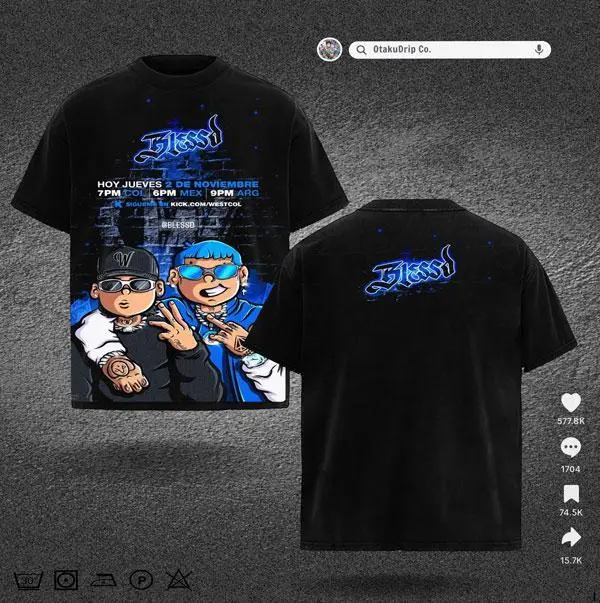 Blessd exclusive graphic t-shirt – oversized black streetwear tee with cartoon-style front illustration and bold logo back print – unisex fit for Latin music fans, urban fashion, and limited edition merch collectors