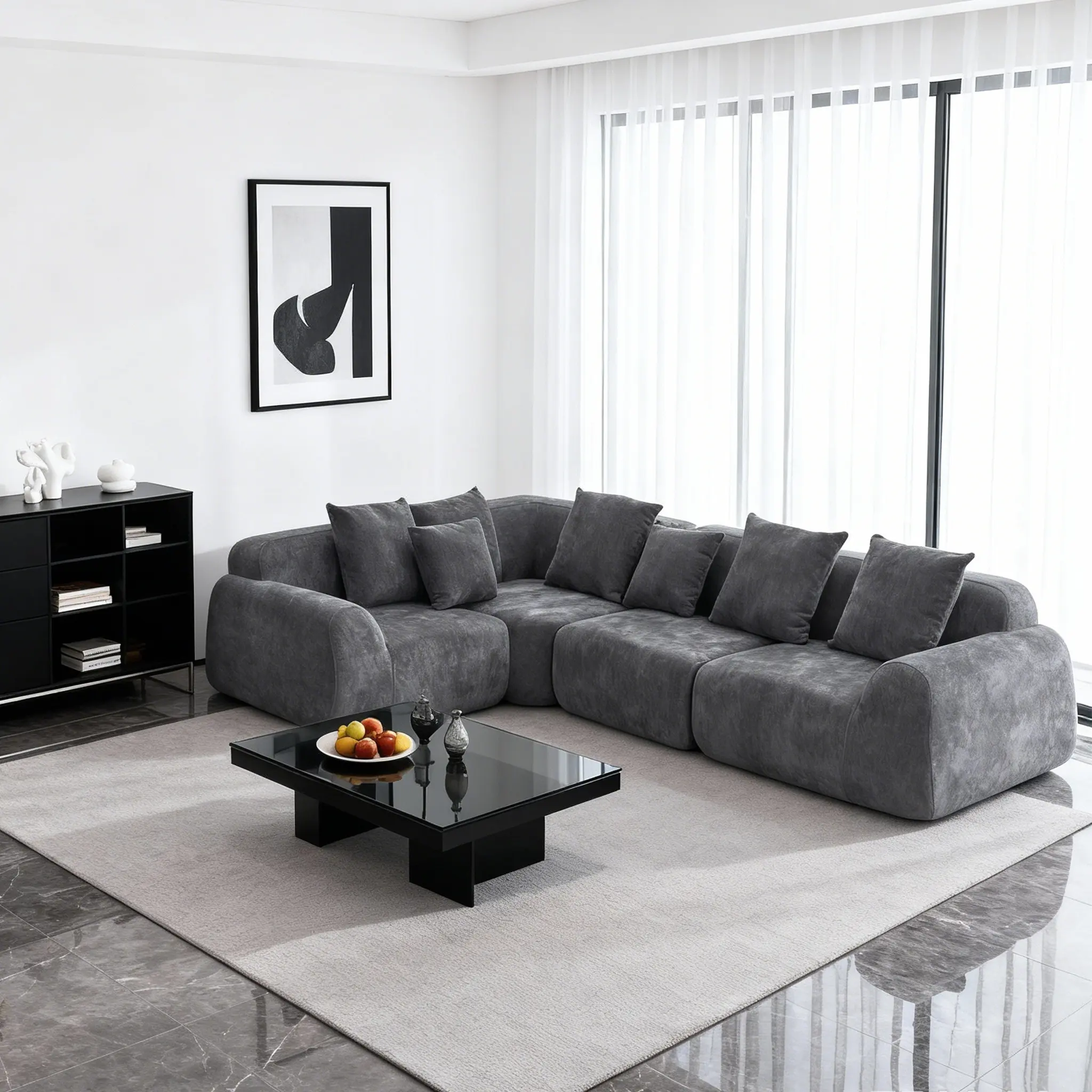 118"w x 74.8" Durable Luxury Cloud Velvet Curved L-Shape Modular Sectional Sofa with Fixed Arms, Compression Memory Foam Chaise, Oversized Seating, Fully Assembled for Living Room