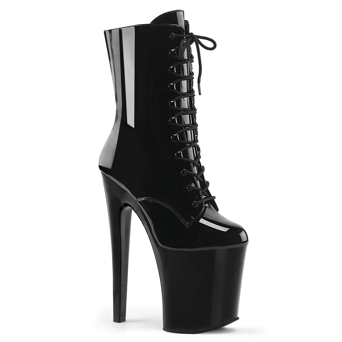 Pleaser Xtreme-1020 Women's Black Lace-Up Ankle Boots, 8" Spike Heel Platform Evening Shoe with Inner Side Zip, High Heels, Dress Boot, Classic, Statement Shoes, All Seasons, Synthetic
