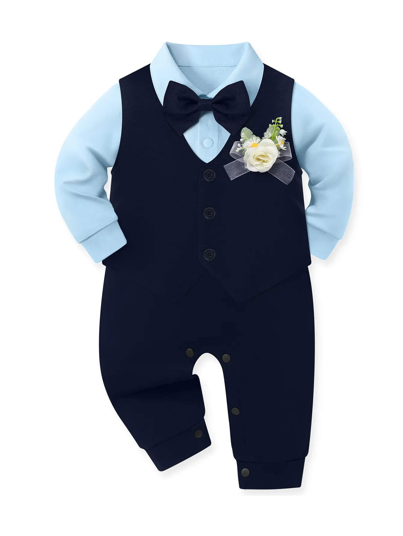 Toddler Boy Gentleman Suit Set - Long-Sleeve Romper, Vest, Corsage, Toddler Jumpsuit for Baby Baptism/Wedding Formal Outfit, 0-24 Months, Long Sleeves for Warmth, Stretch Fit Hugs Gently