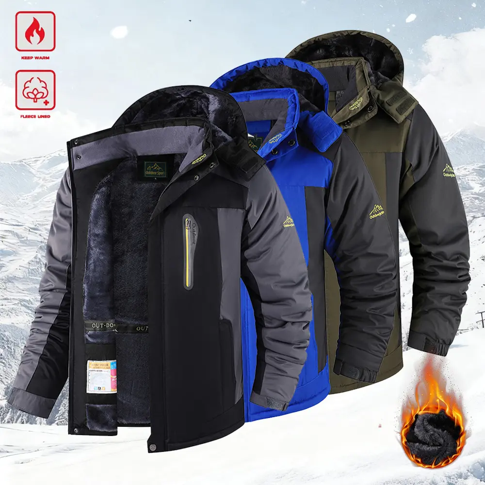 Men's Winter Thick Warm Colorblock Fitted Sports Outerwear - Hooded Long Sleeve Coat with Drawstring Hood, Elastic Cuffs, Zipper Front; Ideal for Casual Daily Wear, Outdoor Sports (Dry Clean Only)
