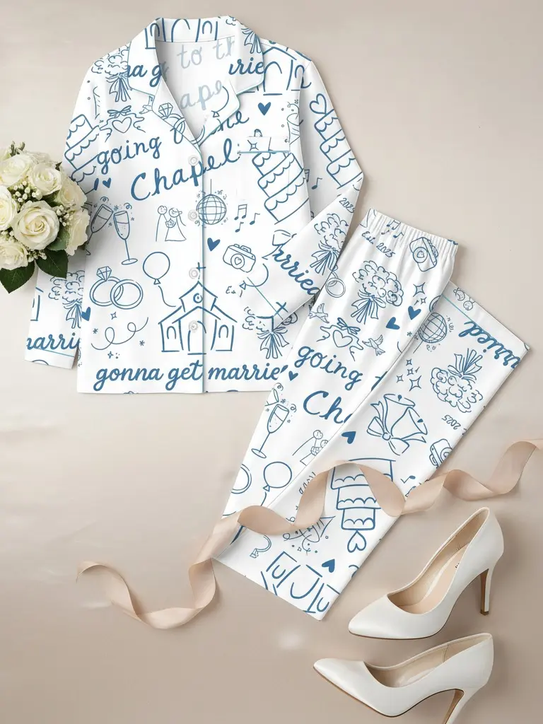 Women's 'Going To The Chapel' Bridal Pjs Set Just Married Pjs for Bachelorette & Wedding Celebration Latin Satin Fabric Soft Sleepwear Comfortable Loungewear - Pajama