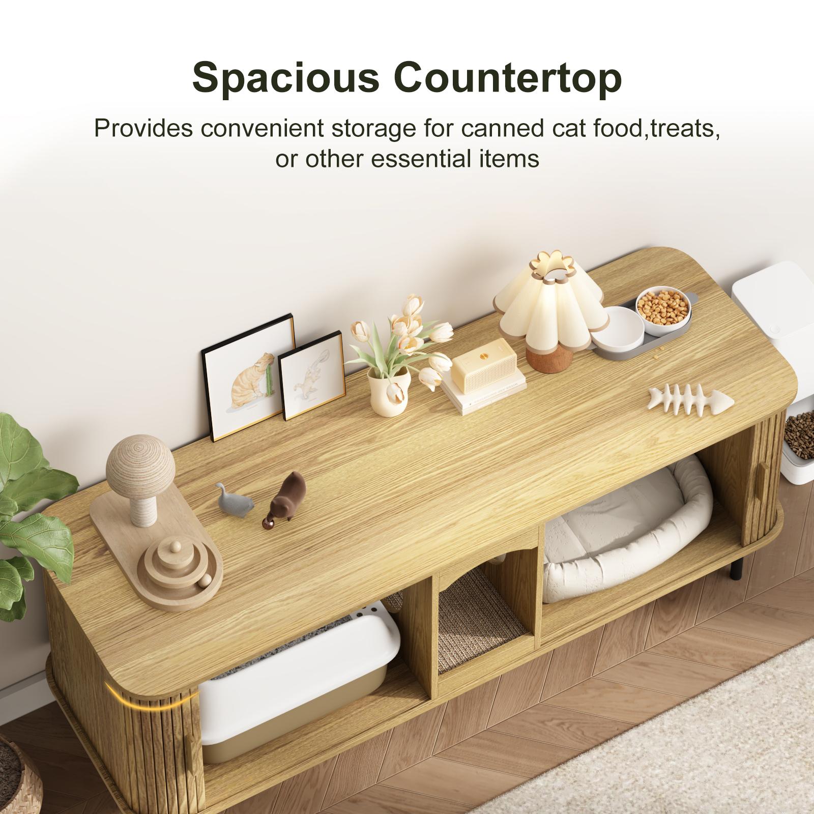 Fluted Hidden Cat Litter Box Enclosure – Modern Wood Furniture with Scratching Pad, Large Indoor Cat House Cabinet Side/End Table for Living Room & Entryway