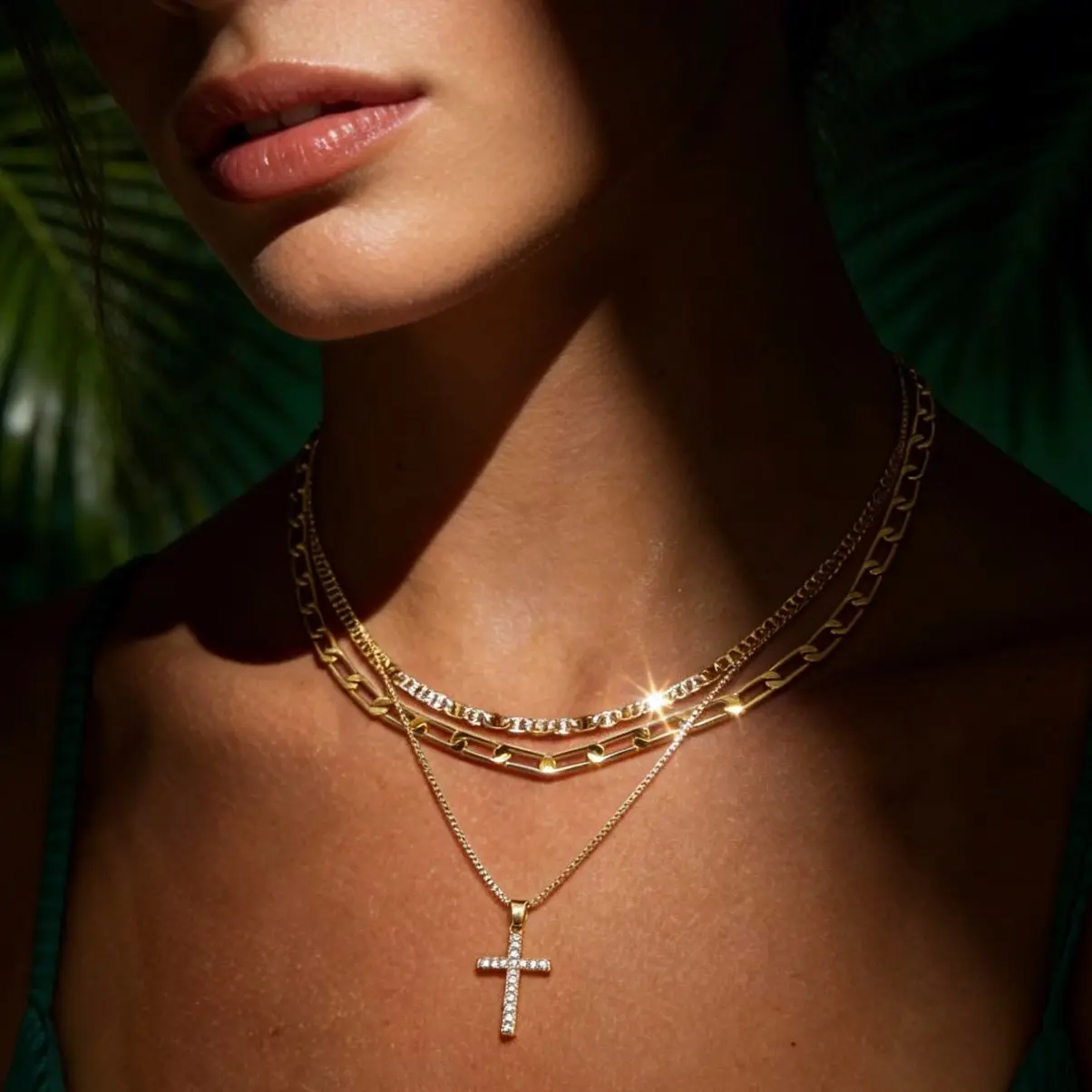 ASCOMY 3 Layered Cross Necklace 14K Gold/Silver Plated Stackable Chains Dainty Crystal Pendant Everyday Jewelry