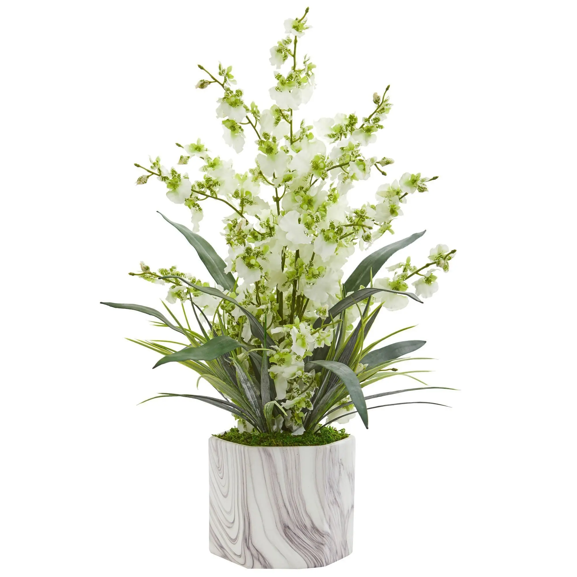 Artificial Dancing Lady Orchid Arrangement with Vibrant Blooms, Leaves, Marble Base Vase - Wine Glass Holder Compatible, Office Plants for Desk Centerpiece, Guest-Ready Foyer to Greet Guests, Decor Piece