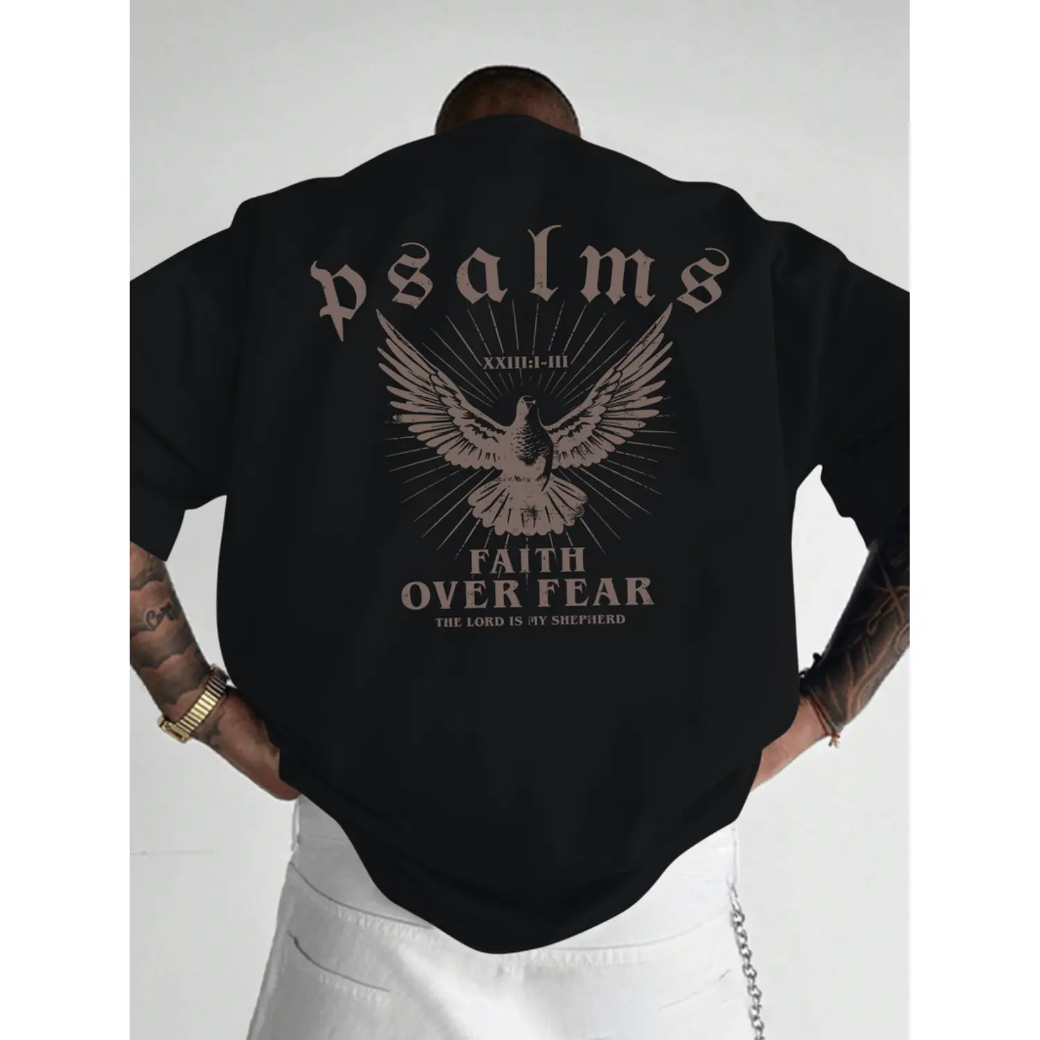 Faith Over Fear T-Shirt With Psalm 93 4 Design Loose Fit Crew Neck Short Sleeve For Men Casual Wear Sports Fan Gift In Glossy Black..